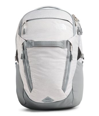 grey and white north face backpack