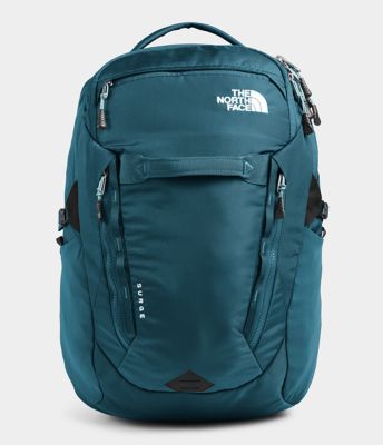 teal and purple north face backpack