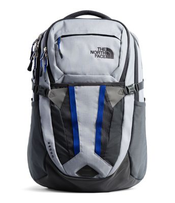 grey and blue north face backpack