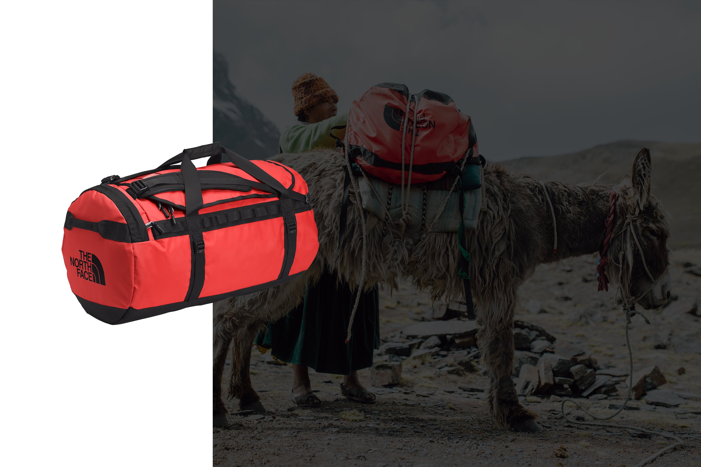 A Base Camp Duffel is strapped to a pack animal in a remote region.