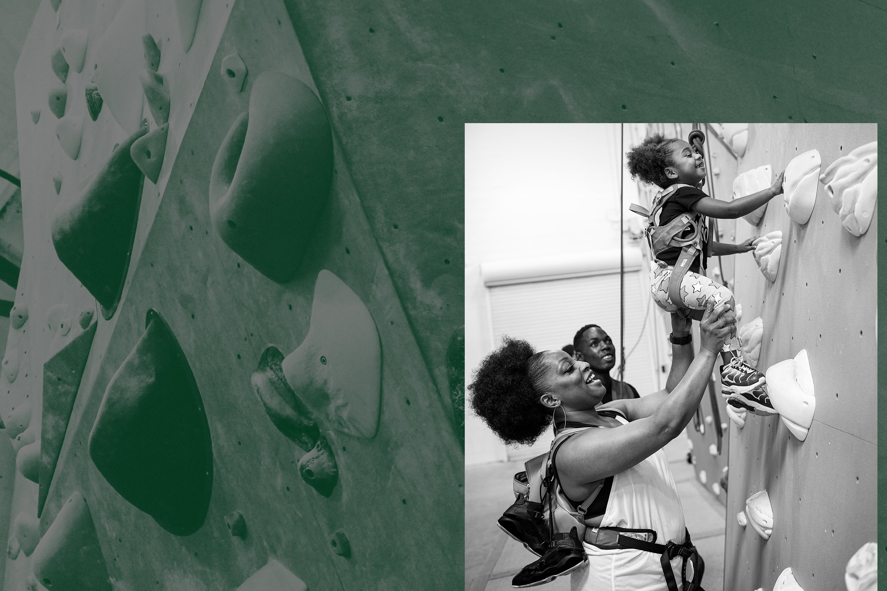 A young climber enjoys learning on an indoor rock wall.