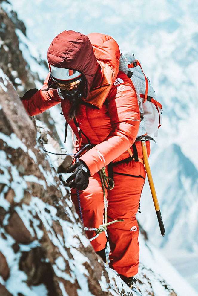 Athlete Dawa Yangzum Sherpa wears the Himalayan Suit from The North Face on Broad Peak.
