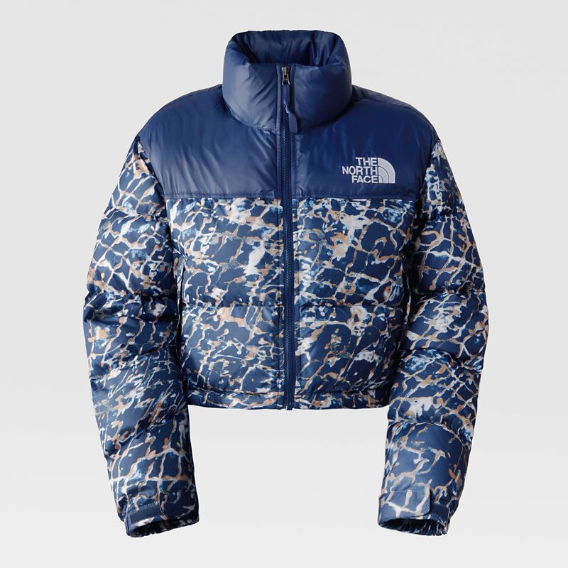 The North Face Women's Nuptse Short Jacket Dusty Periwinkle Water Distortion Small Print-summit Navy
