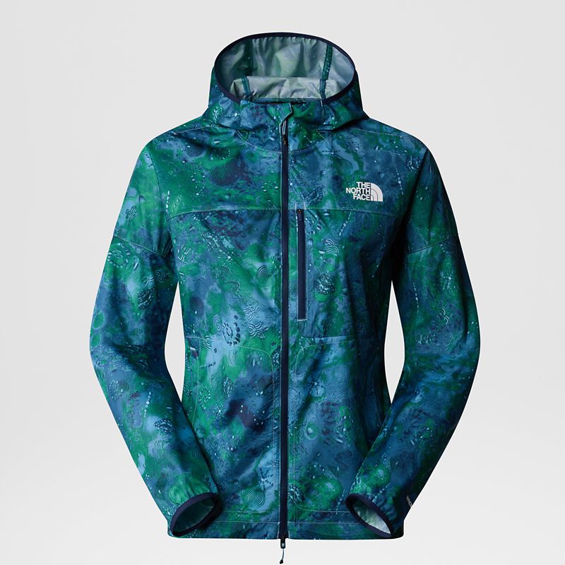The North Face Women's Higher Run Wind Jacket Steel Blue Trailglyph Spaced Print