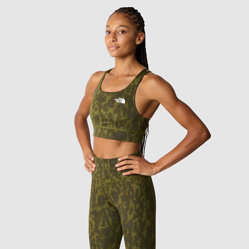 The North Face Women's Reversible Flex Printed Bra Forest Olive Abstract Pitcher Plant Print